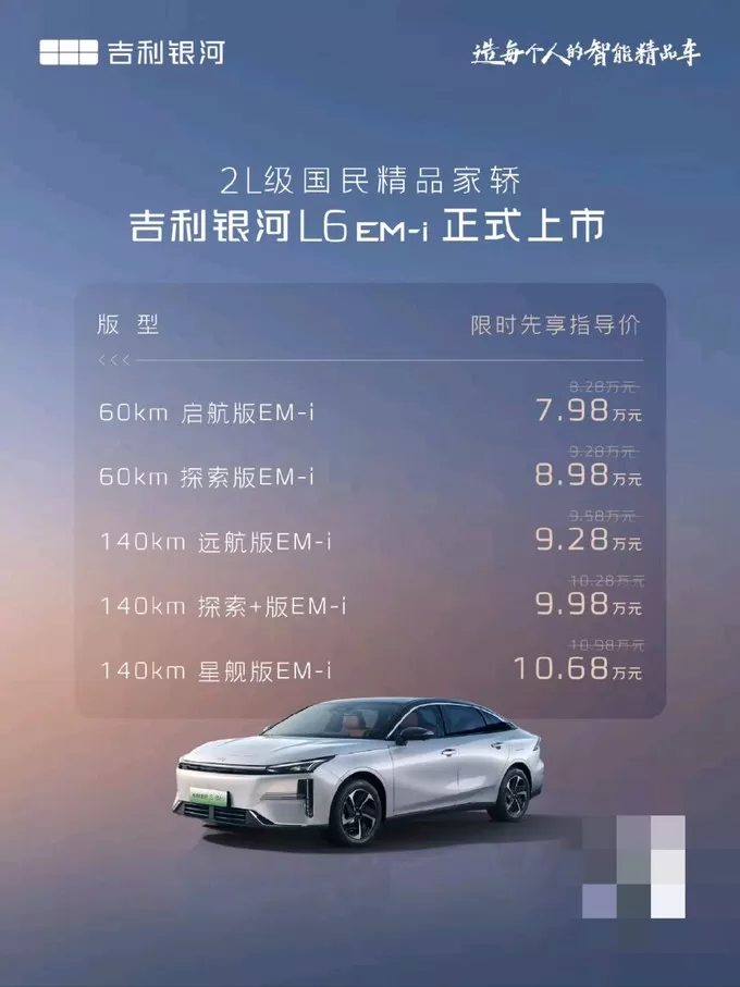 💢7.98万元起“2L级国民精品家轿”:吉利银河L6